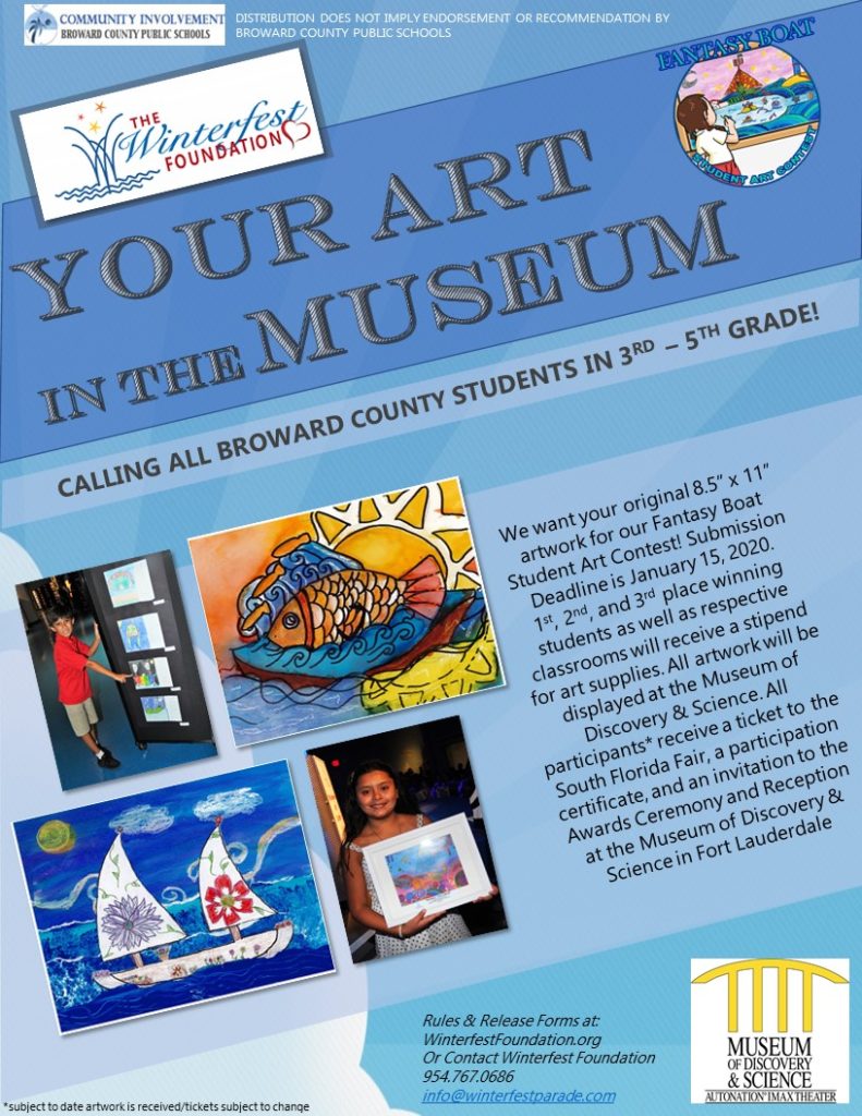 Flyer promoting Broward County students in grades3-5 to enter an art contest.