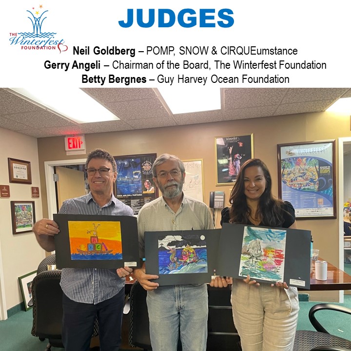 Group picture of 2021-2022 Winterfest Foundation Fantasy Boat Student Art Contest judges Neil Goldberg, Gerry Angeli and Betty Bergnes